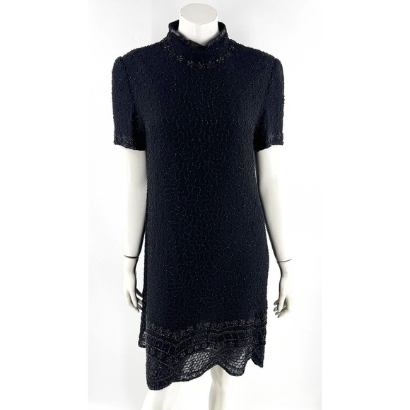 VTG J Kara Dress Size M Black Silk Allover Beaded High Neck Evening Cocktail - Picture 1 of 6